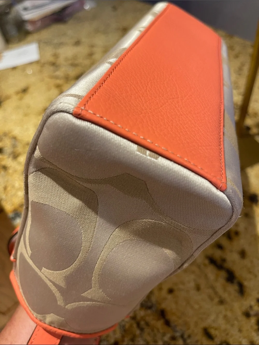 Coach Beige Signature Canvas Tote with Coral Trim